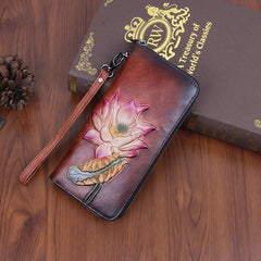 Womens Lotus Flower Brown Leather Wristlet Wallets Zip Around Wallet Flower Ladies Zipper Clutch Wallet for Women