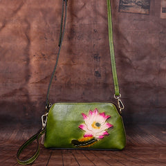 Womens Lotus Flower Coffee Leather Wristlet Wallets Shoulder Bag Small Crossbody Bag for Women