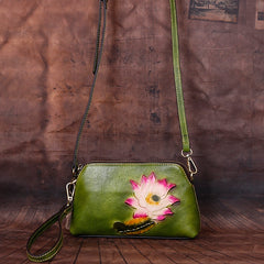 Womens Lotus Flower Green Leather Wristlet Wallets Shoulder Bag Small Crossbody Bag for Women