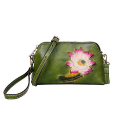 Womens Lotus Flower Green Leather Wristlet Wallets Shoulder Bag Small Crossbody Bag for Women