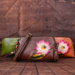 Womens Lotus Flower Coffee Leather Wristlet Wallets Shoulder Bag Small Crossbody Bag for Women