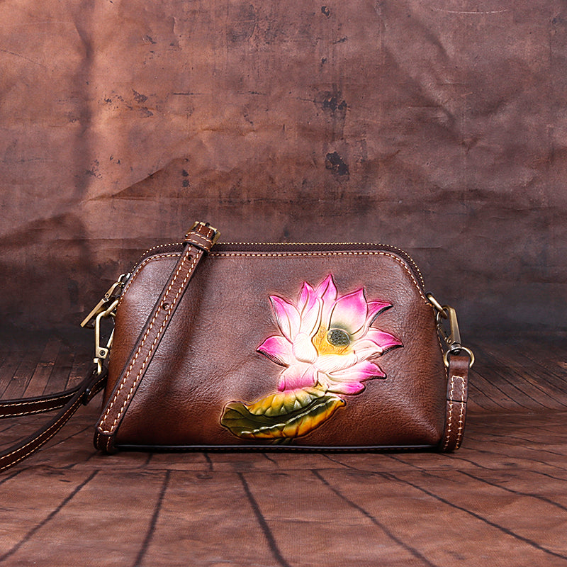 Womens Lotus Flower Brown Leather Wristlet Wallets Shoulder Bag Small Crossbody Bag for Women
