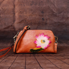 Womens Lotus Flower Brown Leather Wristlet Wallets Shoulder Bag Small Crossbody Bag for Women
