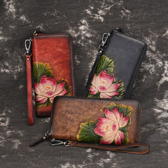 Womens Lotus Flower Brown Leather Zip Around Wallet Wristlet Wallet Flower Ladies Zipper Clutch Wallet for Women