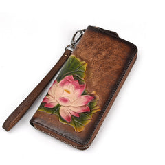 Womens Lotus Flower Brown Leather Zip Around Wallet Wristlet Wallet Flower Ladies Zipper Clutch Wallet for Women