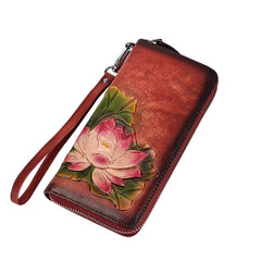 Womens Lotus Flower Red Leather Zip Around Wallet Wristlet Wallet Flower Ladies Zipper Clutch Wallet for Women