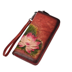 Womens Lotus Flower Brown Leather Zip Around Wallet Wristlet Wallet Flower Ladies Zipper Clutch Wallet for Women