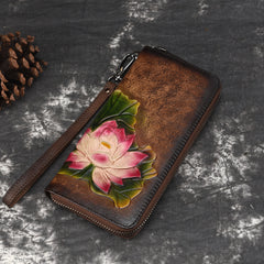 Womens Lotus Flower Brown Leather Zip Around Wallet Wristlet Wallet Flower Ladies Zipper Clutch Wallet for Women