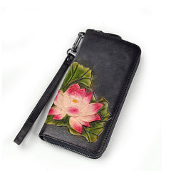 Womens Lotus Flower Black Leather Zip Around Wallet Wristlet Wallet Flower Ladies Zipper Clutch Wallet for Women