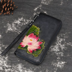 Womens Lotus Flower Leather Zip Around Wallet Wristlet Wallet Flower Ladies Zipper Clutch Wallet for Women