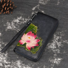 Womens Lotus Flower Brown Leather Zip Around Wallet Wristlet Wallet Flower Ladies Zipper Clutch Wallet for Women