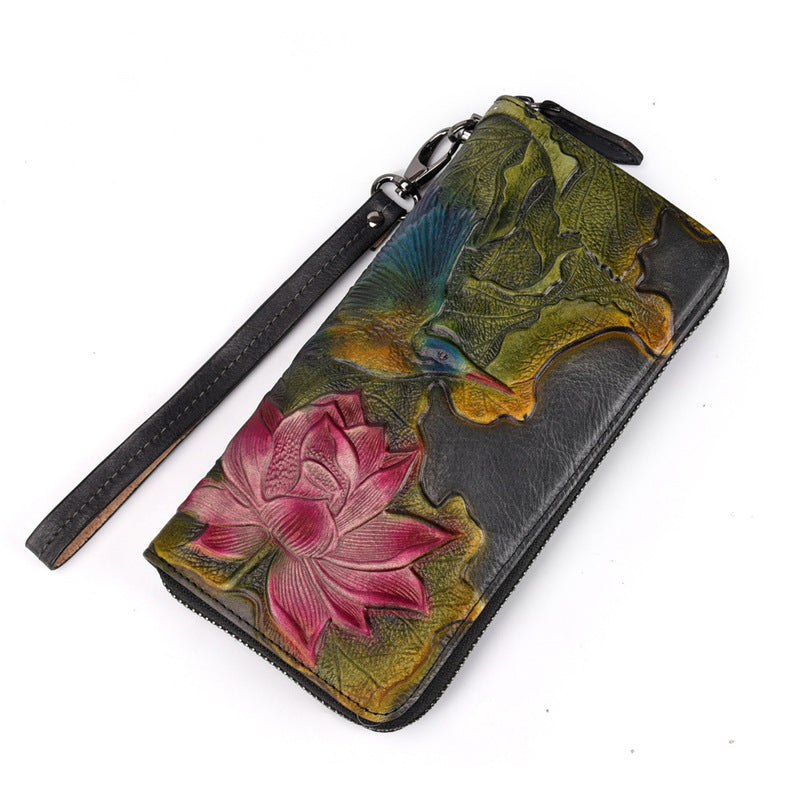 Womens Lotus Flower&Hummingbird Brown Leather Zip Around Wallet Wristlet Wallet Flower Ladies Zipper Clutch Wallet for Women
