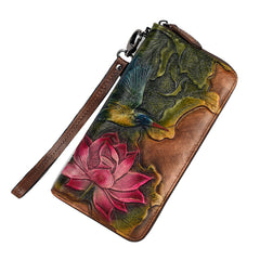 Womens Lotus Flower&Hummingbird Black Leather Zip Around Wallet Wristlet Wallet Flower Ladies Zipper Clutch Wallet for Women