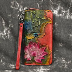 Womens Lotus Flower&Hummingbird Red Leather Zip Around Wallet Wristlet Wallet Flower Ladies Zipper Clutch Wallet for Women