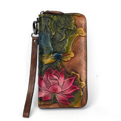 Womens Lotus Flower&Hummingbird Red Leather Zip Around Wallet Wristlet Wallet Flower Ladies Zipper Clutch Wallet for Women