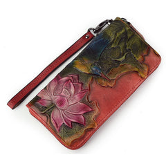 Womens Lotus Flower&Hummingbird Black Leather Zip Around Wallet Wristlet Wallet Flower Ladies Zipper Clutch Wallet for Women