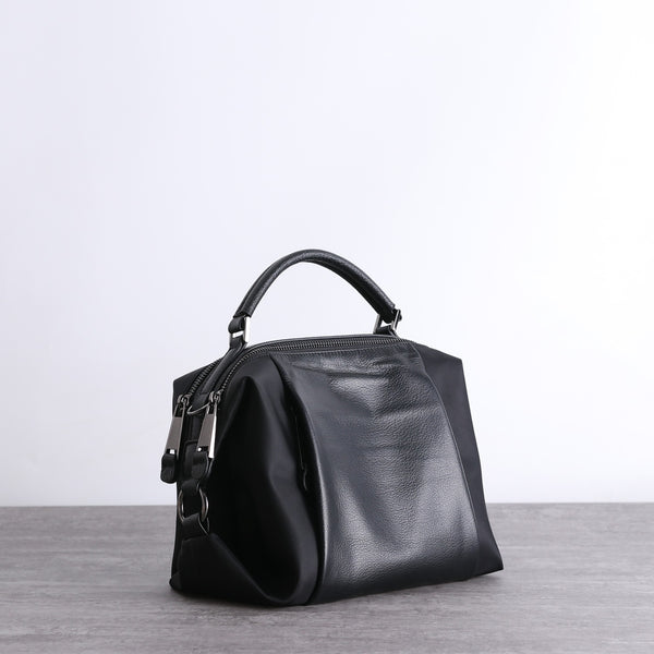 Womens Nylon Leather Boston Handbags Womens Black - Back View