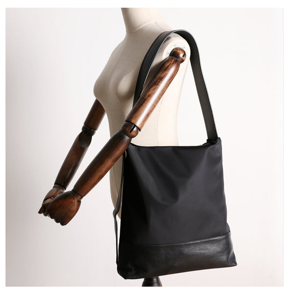 Womens Nylon Leather Shoulder Tote Womens Black - Back View