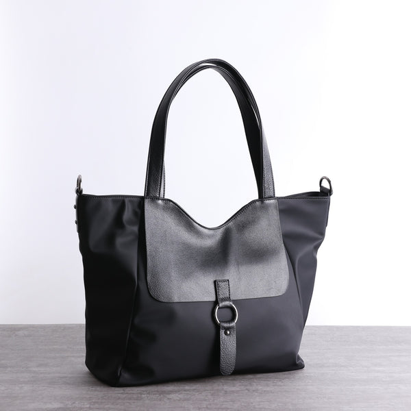 Womens Nylon Leather Tote Womens Black Nylon - Back View