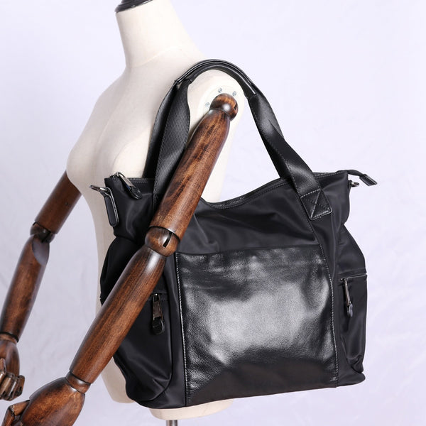 Womens Nylon Leather Travel Handbag Womens Black - Back View