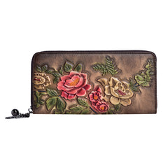 Womens Peony Flower Leather Zip Around Wallet Wristlet Wallet Floral Ladies Zipper Clutch Wallet for Women
