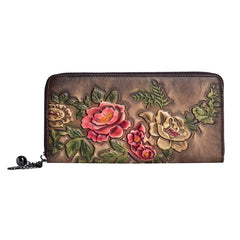 Womens Peony Flower Red Leather Zip Around Wallet Wristlet Wallet Floral Ladies Zipper Clutch Wallet for Women
