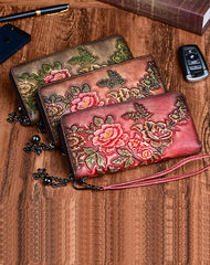 Womens Peony Flower Green Leather Zip Around Wallet Wristlet Wallet Floral Ladies Zipper Clutch Wallet for Women