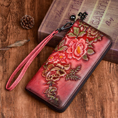 Womens Peony Flower Red Leather Zip Around Wallet Wristlet Wallet Floral Ladies Zipper Clutch Wallet for Women