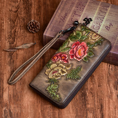 Womens Peony Flower Red Leather Zip Around Wallet Wristlet Wallet Floral Ladies Zipper Clutch Wallet for Women