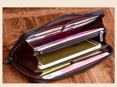 Womens Peony Flower Red Leather Zip Around Wallet Wristlet Wallet Floral Ladies Zipper Clutch Wallet for Women