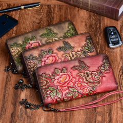 Womens Peony Flower Green Leather Zip Around Wallet Wristlet Wallet Floral Ladies Zipper Clutch Wallet for Women