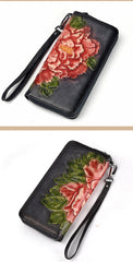 Womens Peony Flower Brown Leather Wristlet Wallet Zip Around Wallets Floral Ladies Zipper Clutch Wallet for Women