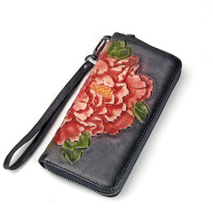 Womens Peony Flower Red Leather Wristlet Wallet Zip Around Wallets Floral Ladies Zipper Clutch Wallet for Women