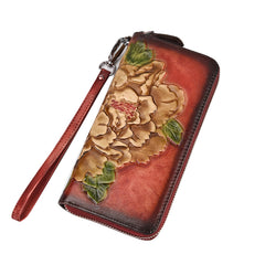 Womens Peony Flower Brown Leather Wristlet Wallet Zip Around Wallets Floral Ladies Zipper Clutch Wallet for Women