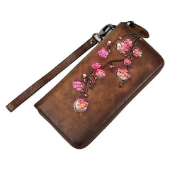 Womens Plum Blossom Flower Black Leather Zip Around Wallet Wristlet Wallet Flower Ladies Zipper Clutch Wallet for Women