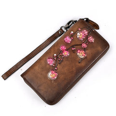 Womens Plum Blossom Flower Leather Zip Around Wallet Wristlet Wallet Flower Ladies Zipper Clutch Wallet for Women