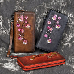 Womens Plum Blossom Flower Brown Leather Zip Around Wallet Wristlet Wallet Flower Ladies Zipper Clutch Wallet for Women