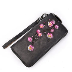 Womens Plum Blossom Flower Leather Zip Around Wallet Wristlet Wallet Flower Ladies Zipper Clutch Wallet for Women