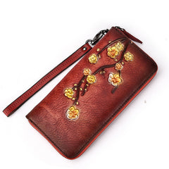 Womens Plum Blossom Flower Brown Leather Zip Around Wallet Wristlet Wallet Flower Ladies Zipper Clutch Wallet for Women