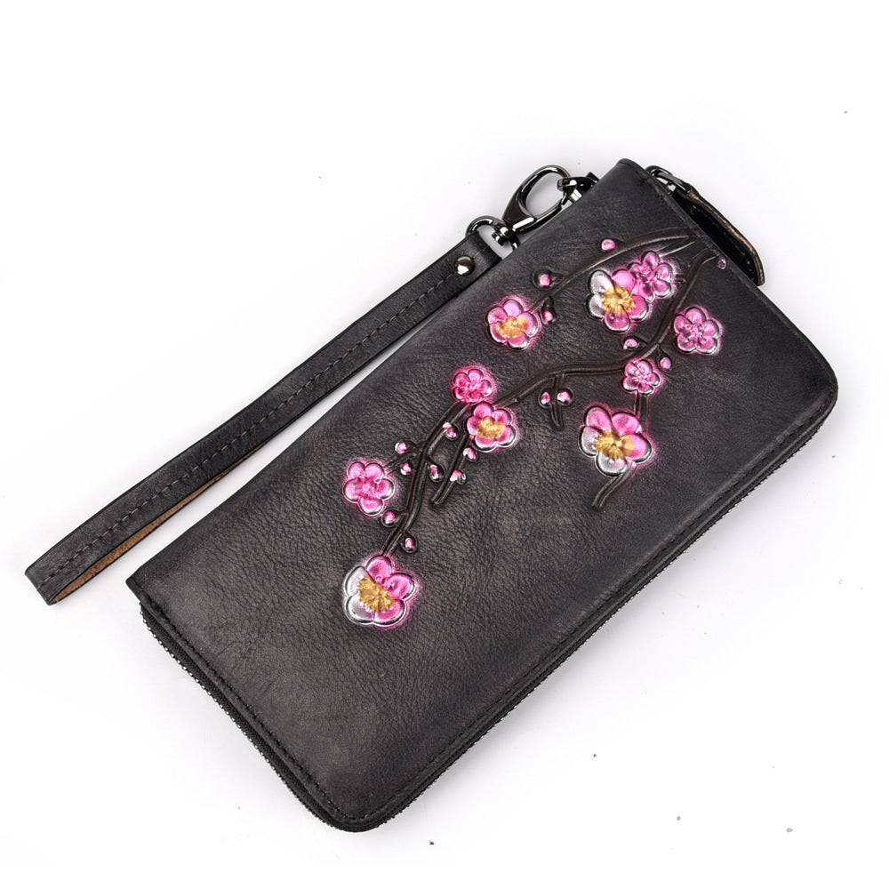 Womens Plum Blossom Flower Brown Leather Zip Around Wallet Wristlet Wallet Flower Ladies Zipper Clutch Wallet for Women