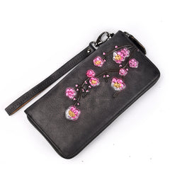 Womens Plum Blossom Flower Black Leather Zip Around Wallet Wristlet Wallet Flower Ladies Zipper Clutch Wallet for Women