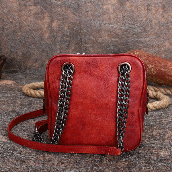 Womens Brown Leather Cube Small Side Bag - Bill Slots Detail