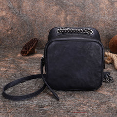 Womens Black Gray Leather Cube Small Side Bag Mini Shoulder Bag Best Square Crossbody Purse for Ladies