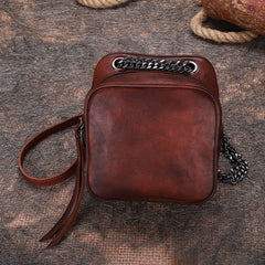 Womens Brown Leather Cube Small Side Bag Mini Shoulder Bag Best Square Crossbody Purse for Ladies