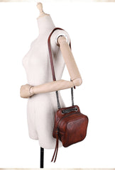 Womens Brown Leather Cube Small Side Bag Mini Shoulder Bag Best Square Crossbody Purse for Ladies