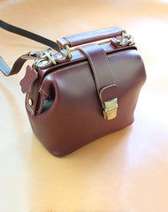 Womens Red Leather Doctor Handbags Shoulder Purse Vintage Claret Doctor Purses for Women