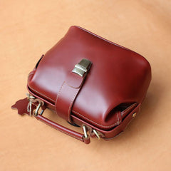 Womens Red Leather Doctor Handbags Shoulder Purse Vintage Claret Doctor Purses for Women