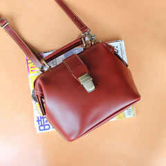 Womens Red Leather Doctor Handbags Shoulder Purse Vintage Claret Doctor Purses for Women