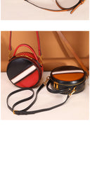 Womens Brown Leather Round Handbag CONTRAST COLOR Crossbody Purse Brown Round Shoulder Bag for Women