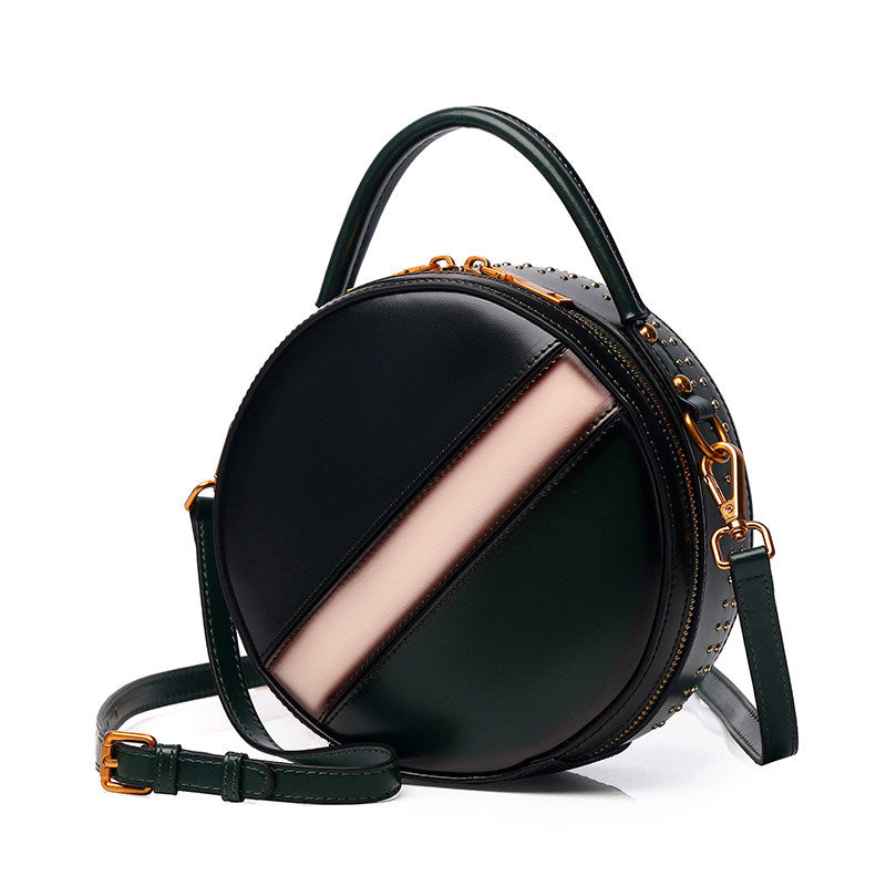 Womens Green Leather Round Handbag CONTRAST COLOR Crossbody Purse Green Round Shoulder Bag for Women